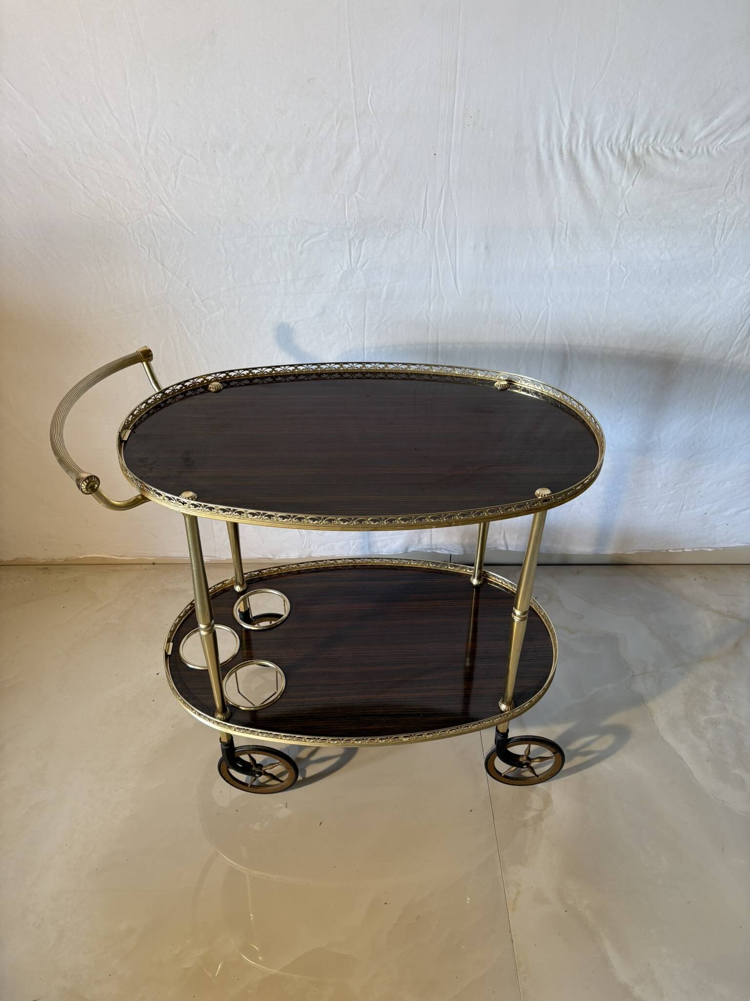 Vintage brass and dark wood serving trolley – 1960s