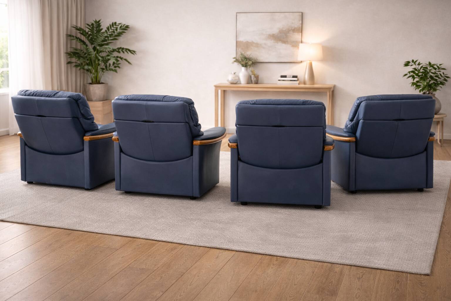 Ekornes Stressless —4 of Adjustable Swivel Armchairs — Blue Leather & Beech