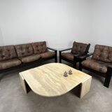 Living room sofa and brutalist armchairs in leather and wood, 70s, chalet style