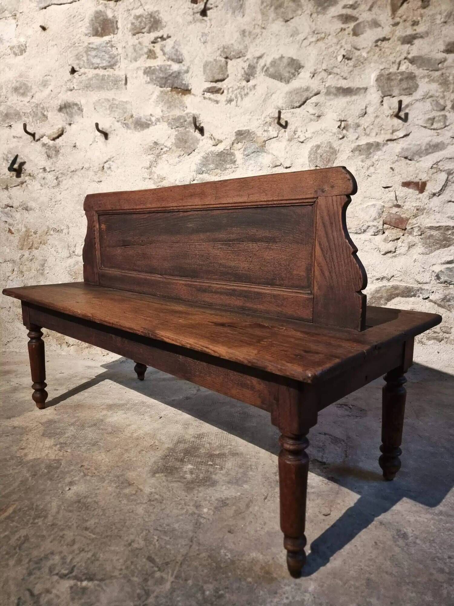 Antique French oak station bench – double-sided, 19th century (140 x 61 x 86 cm)