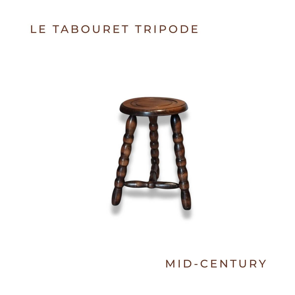 Mid-century design tripod stool, by Charles Dudouyt.