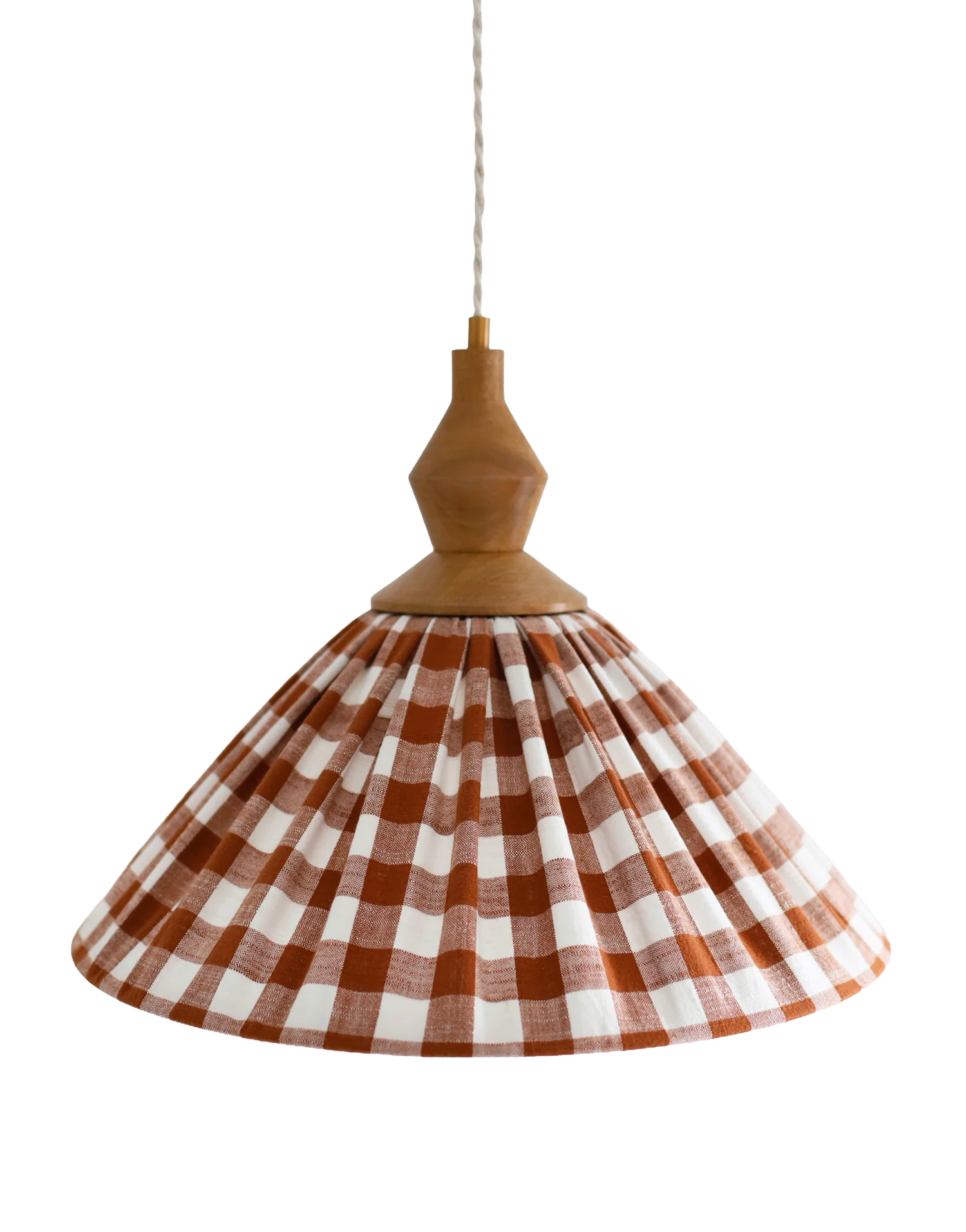 Suspension plissée "Olga" tissu à carreaux terra et finition bois tourné