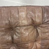 Living room sofa and brutalist armchairs in leather and wood, 70s, chalet style