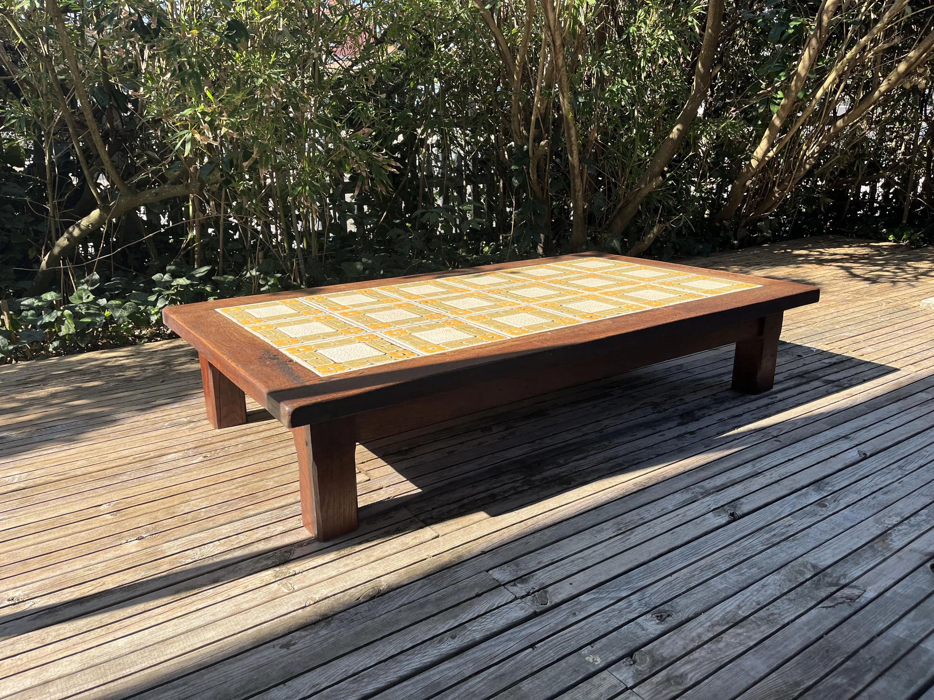 Large vintage 1960s oak and ceramic coffee table.