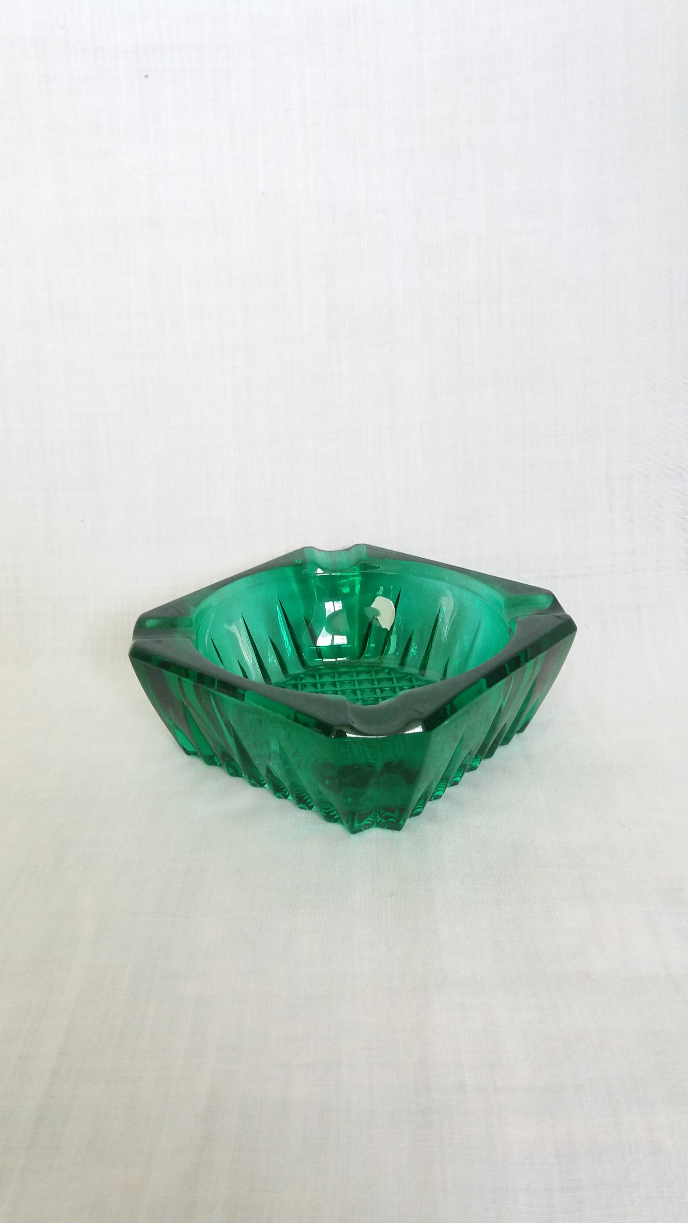 Emerald green glass ashtray, Arques crystal glassware.