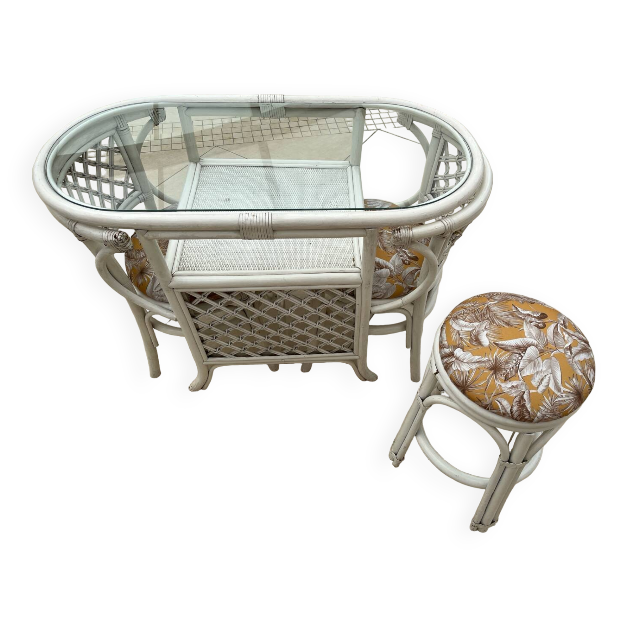 Vintage White Rattan/Bamboo Garden Furniture Set with 2 Chairs and a Stool