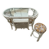 Vintage White Rattan/Bamboo Garden Furniture Set with 2 Chairs and a Stool