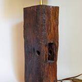 Brutalist lamp Art-populaire in solid wood, wool lampshade