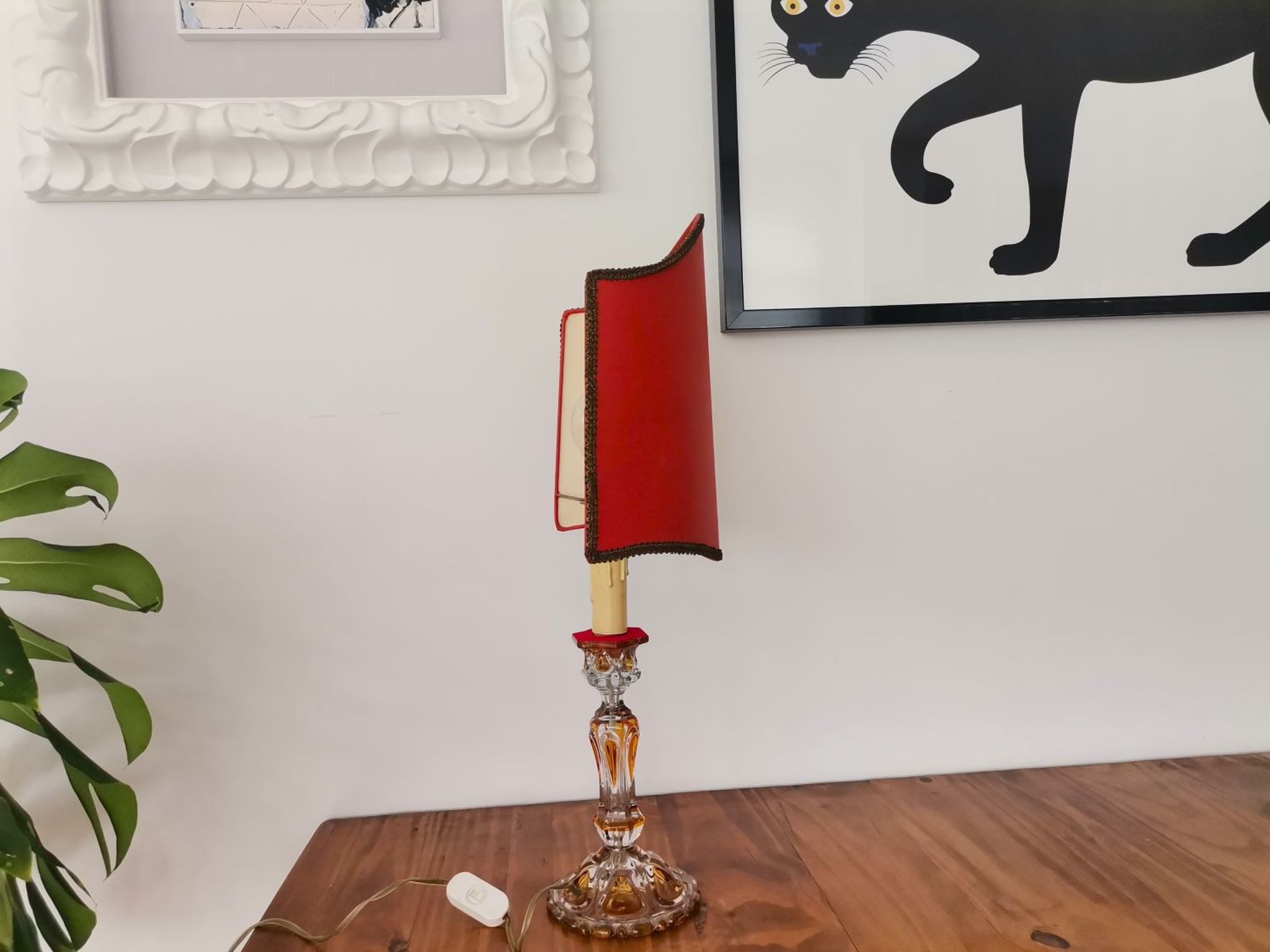 French Art Nouveau Crystal Red Silk Half Shade Table Lamp, 1940s