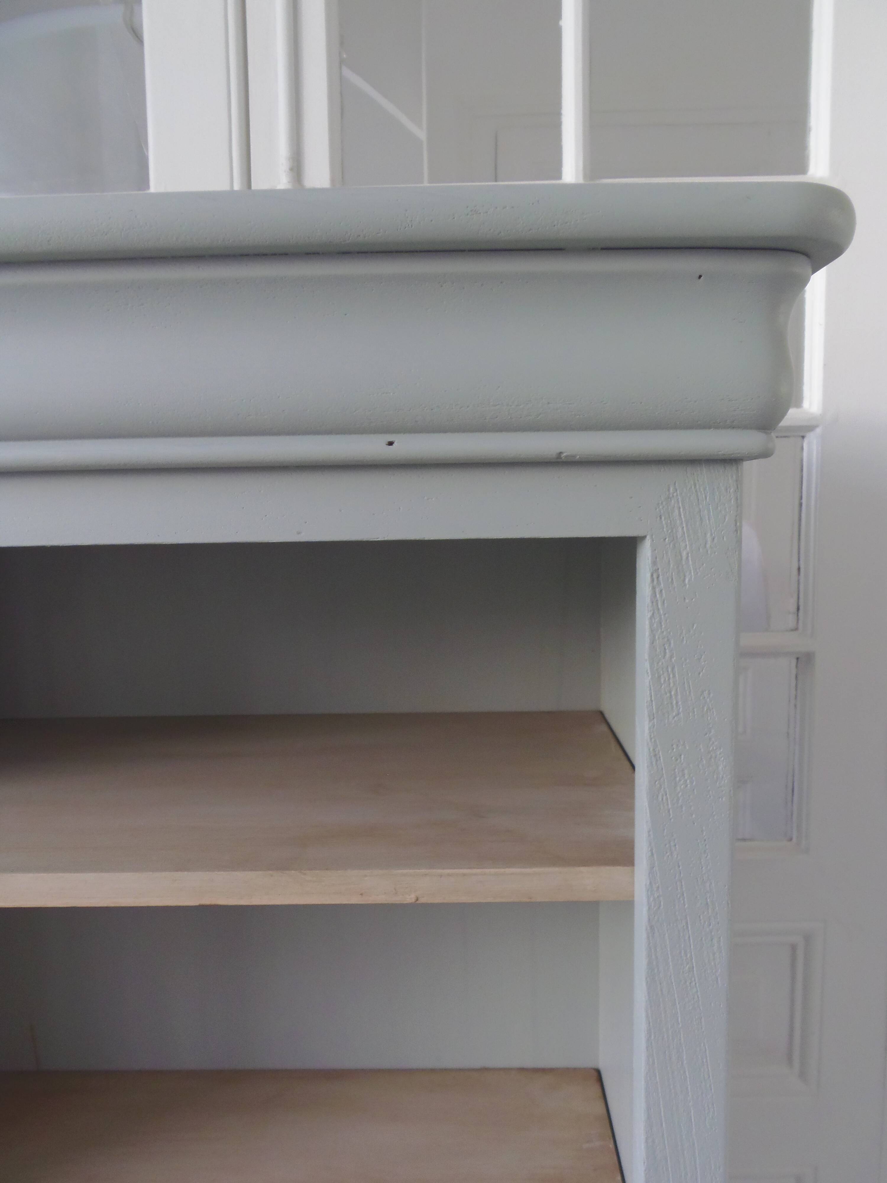 Louis Philippe style bookcase reenchanted in verdigris, 3 light oak waxed shelves.