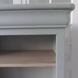 Louis Philippe style bookcase reenchanted in verdigris, 3 light oak waxed shelves.
