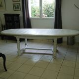 Table salle a manger ovale, style cottage, plateau cérusé avec deux rallonges pour 10 convives