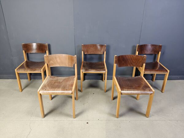 Lot de 5 chaises empilables marron et bouleau du milieu du siècle