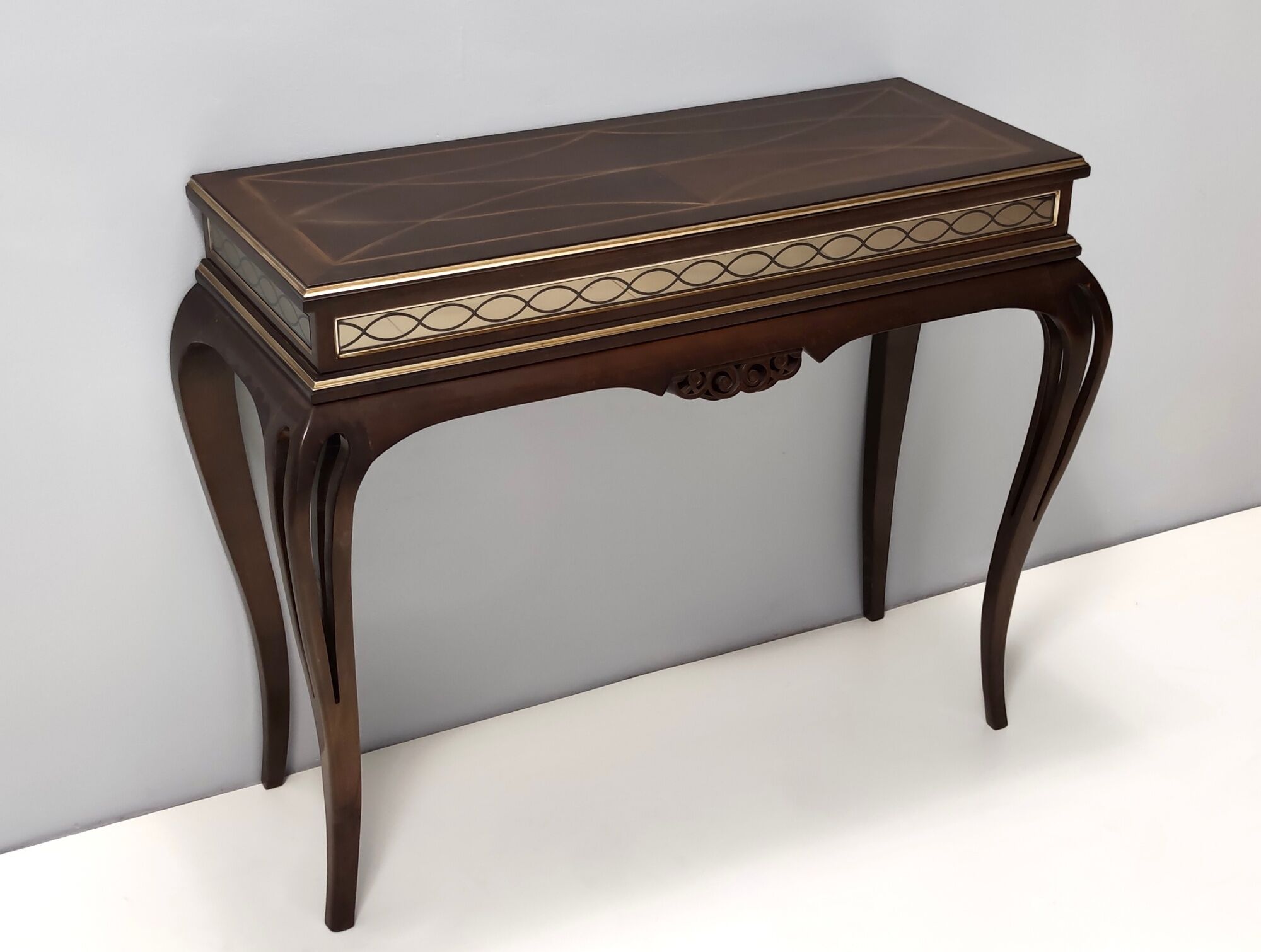 Vintage Rectangular Solid Walnut Console Table with Engraved Mirror Motif, Italy