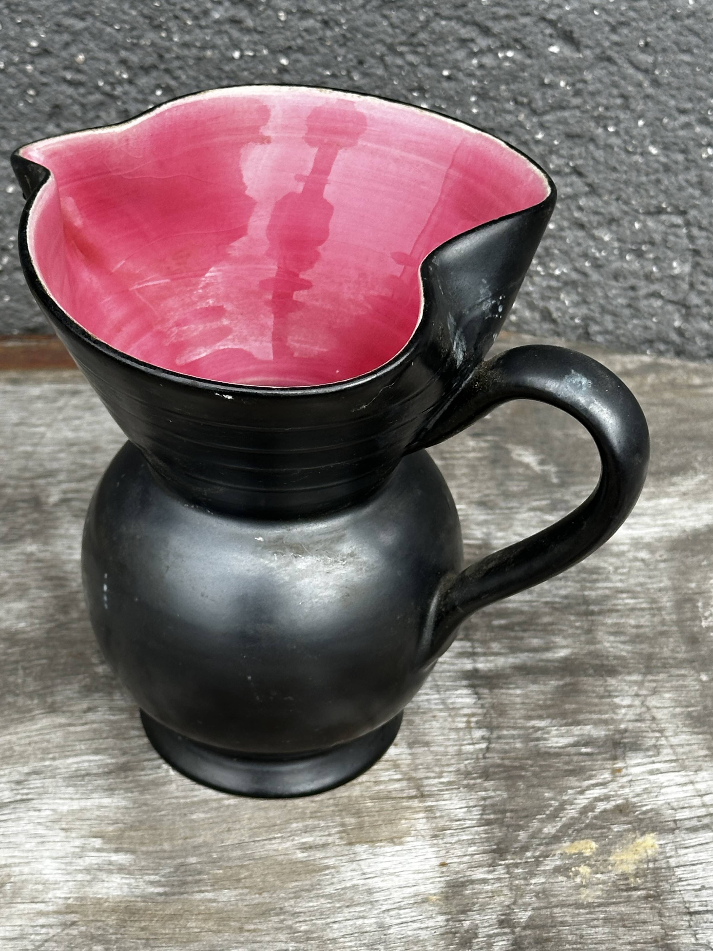 Elchinger Anthracite and Pink Ceramic Pitcher/Vase - Heart-Shaped Neck, 16 cm High
