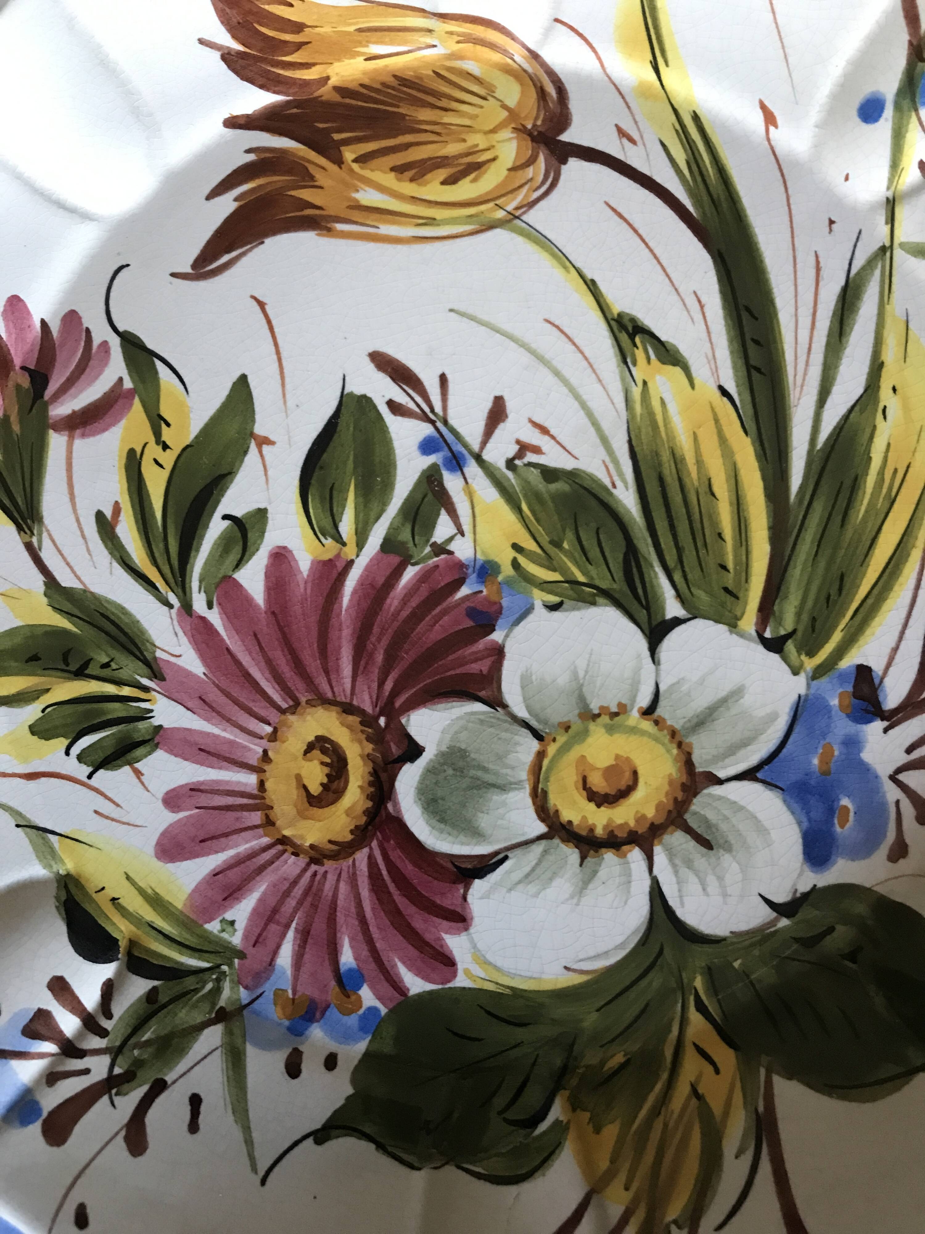 Earthenware wall plate signed bassano, italy, polychrome floral painting decoration