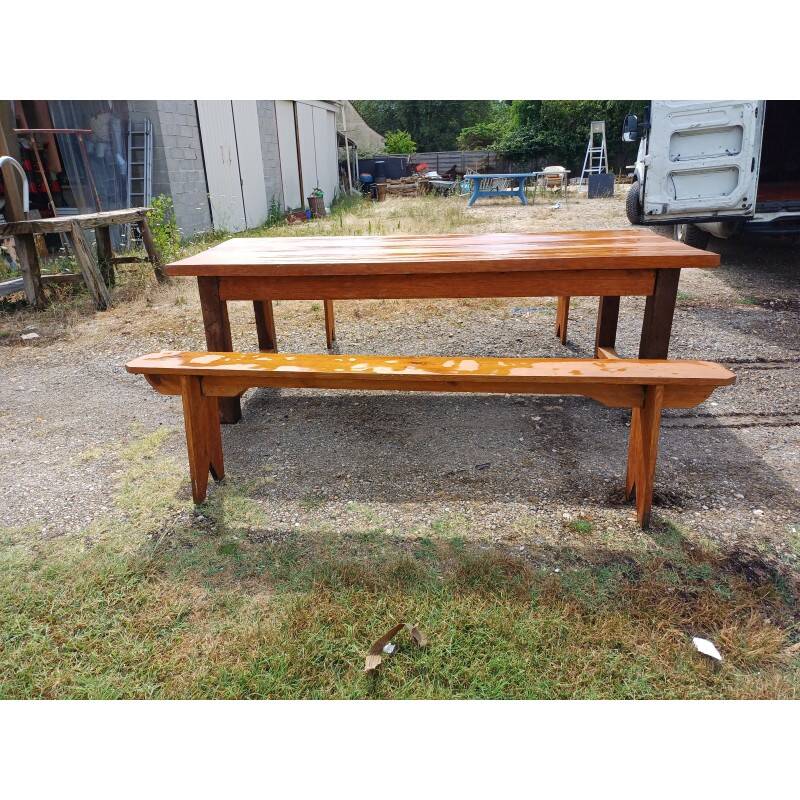 Table de ferme campagnarde en chêne et pin + 2 bancs