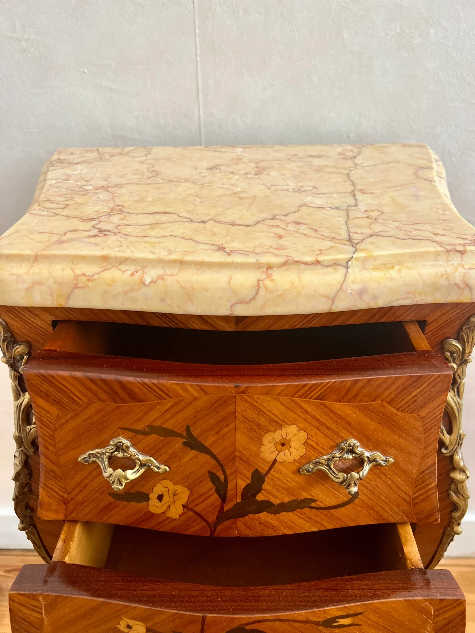 Vintage Marble Top Nightstand, Louis XV French Bedside Table