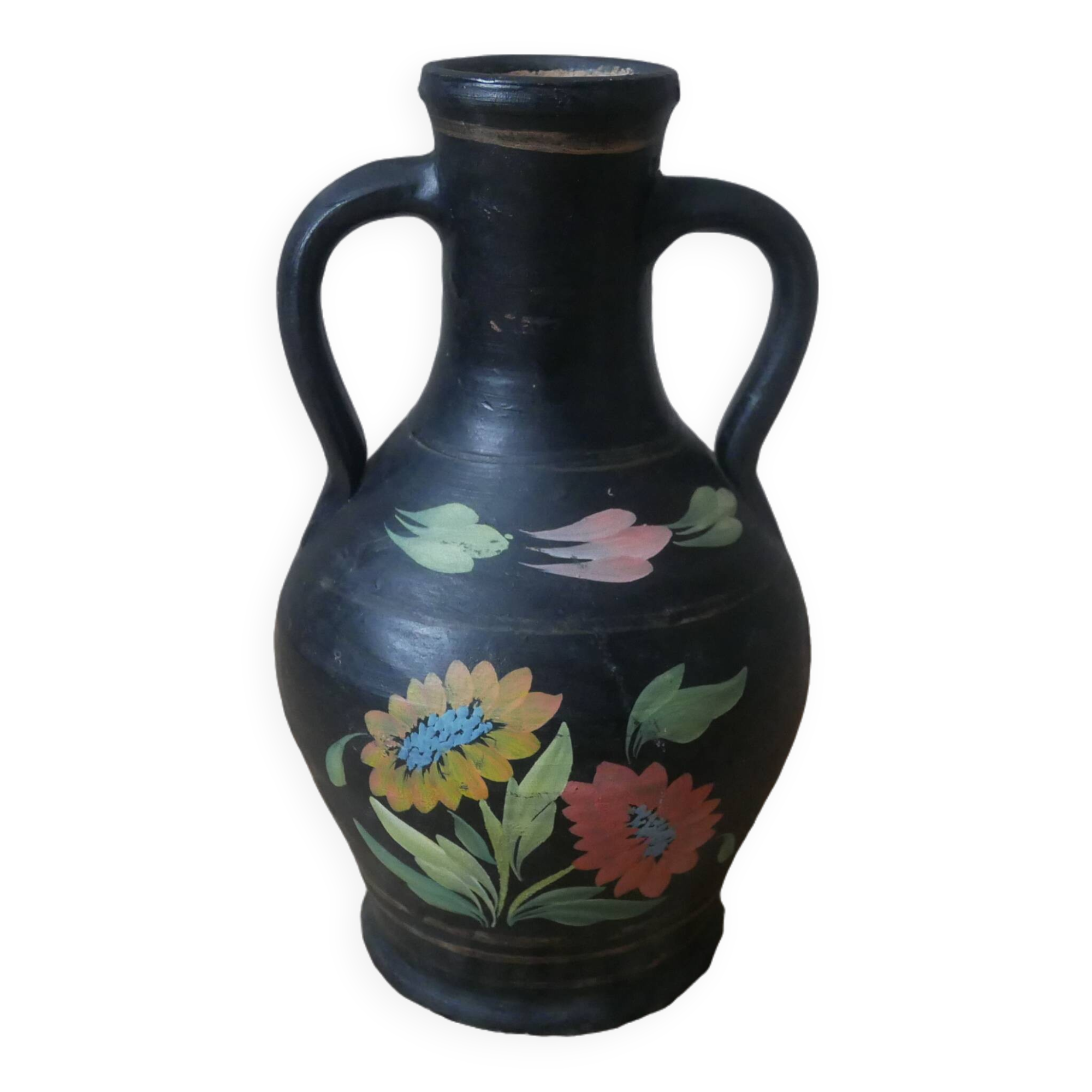 Handmade pottery vase with handles, handcrafted ceramics, antique countryside, floral decor