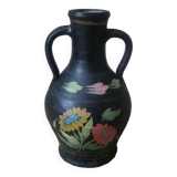 Handmade pottery vase with handles, handcrafted ceramics, antique countryside, floral decor