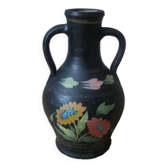 Handmade pottery vase with handles, handcrafted ceramics, antique countryside, floral decor