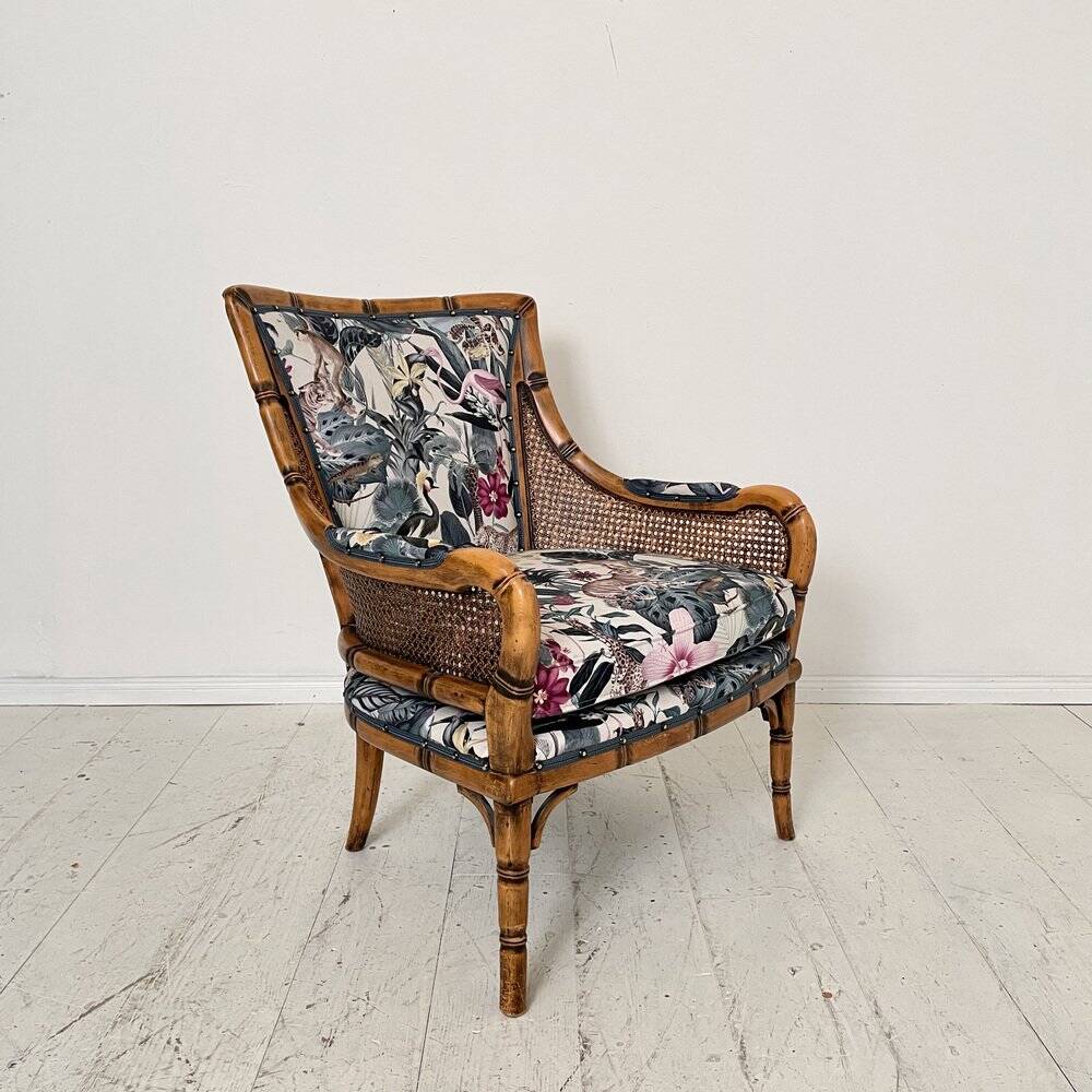 Mid-Century French Armchair in Bamboo Style with Animal Print Fabric, 1980