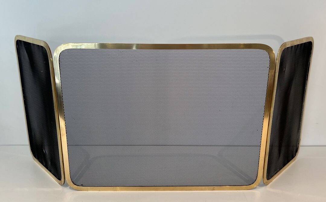 Three-Panel Folding Fire Screen in Polished Brass and Steel Mesh