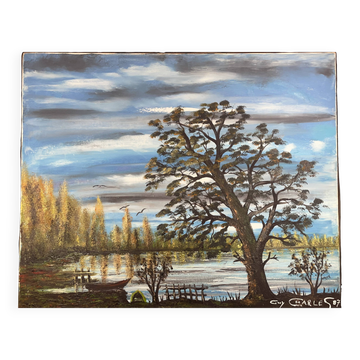 Lake landscape, Vendée marshes, oil on canvas signed Guy Charles