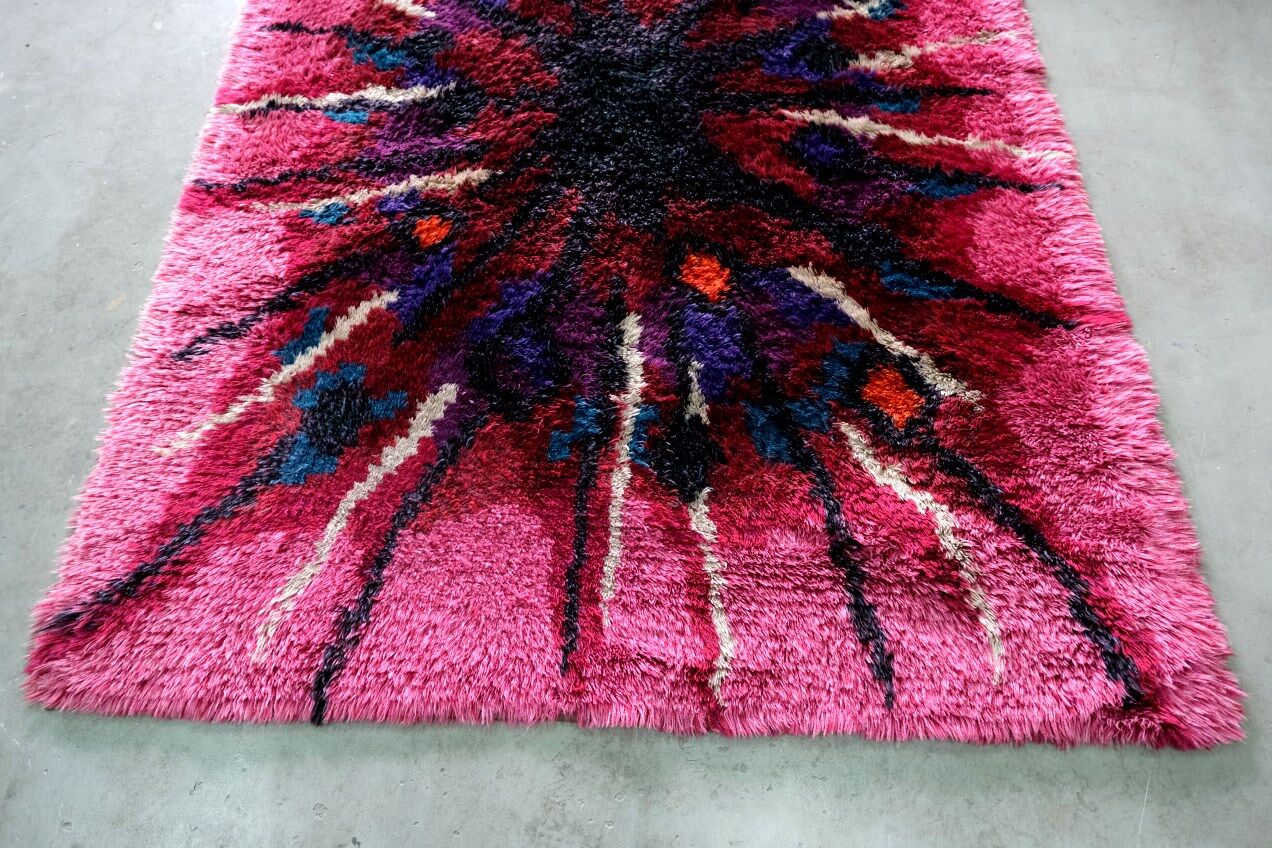 Abstract Scandinavian  Hand-Knotted High Pile Rya Rug Carpet, Sweden, 1960s