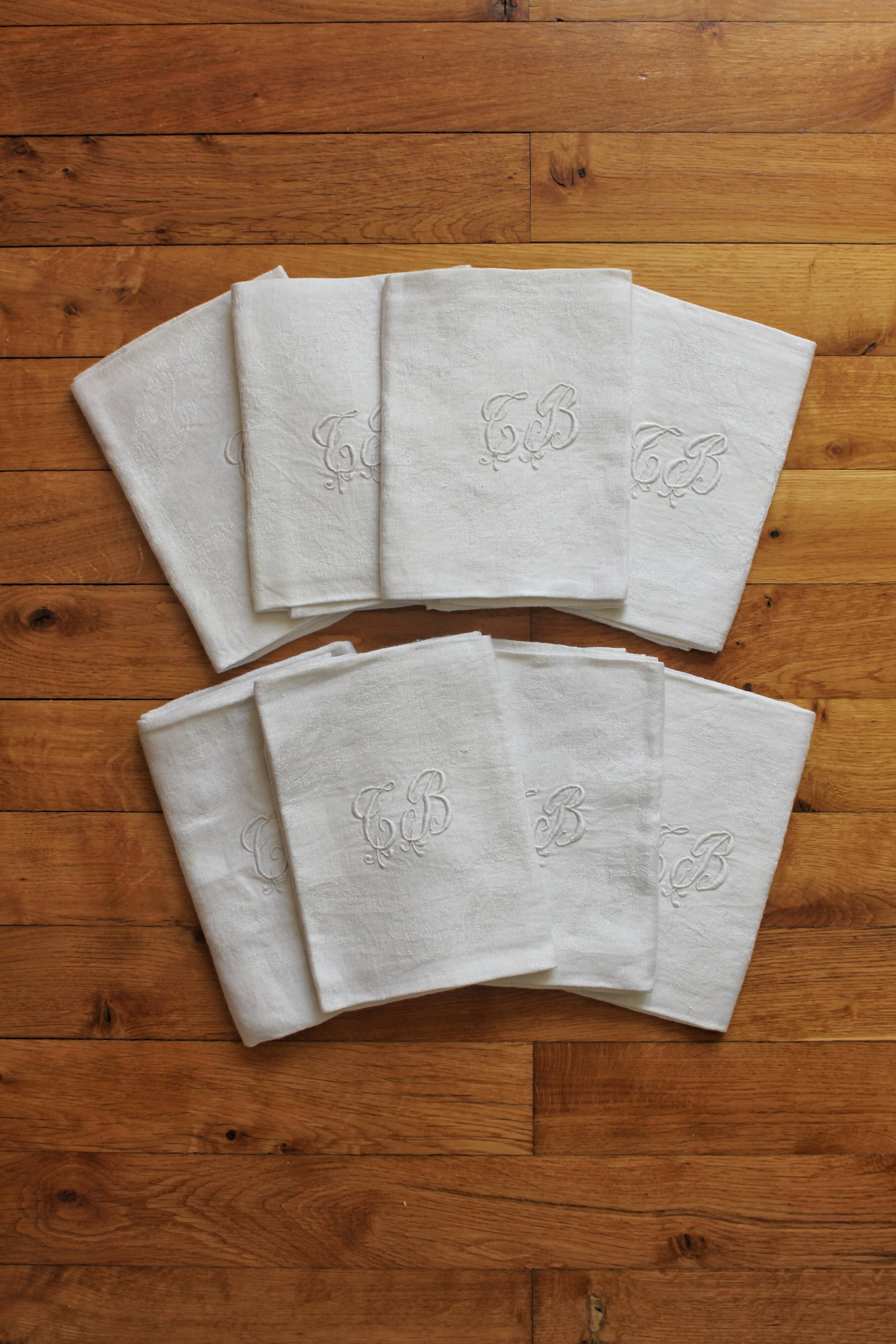 8 antique napkins in monogrammed and damask white linen