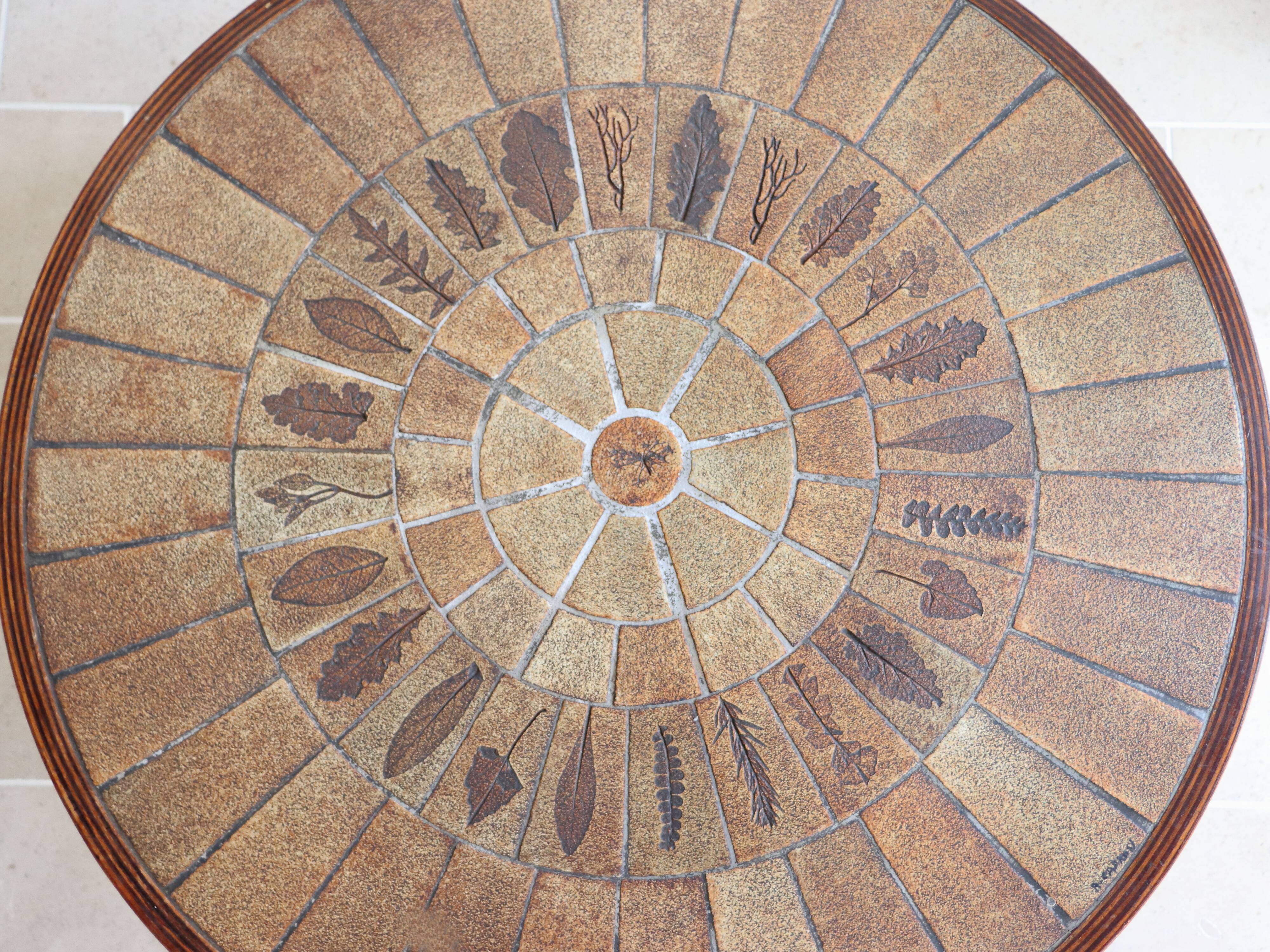 Round coffee table in wood and ceramic by Roger Capron, herbier/garrigue model, 60s/70s