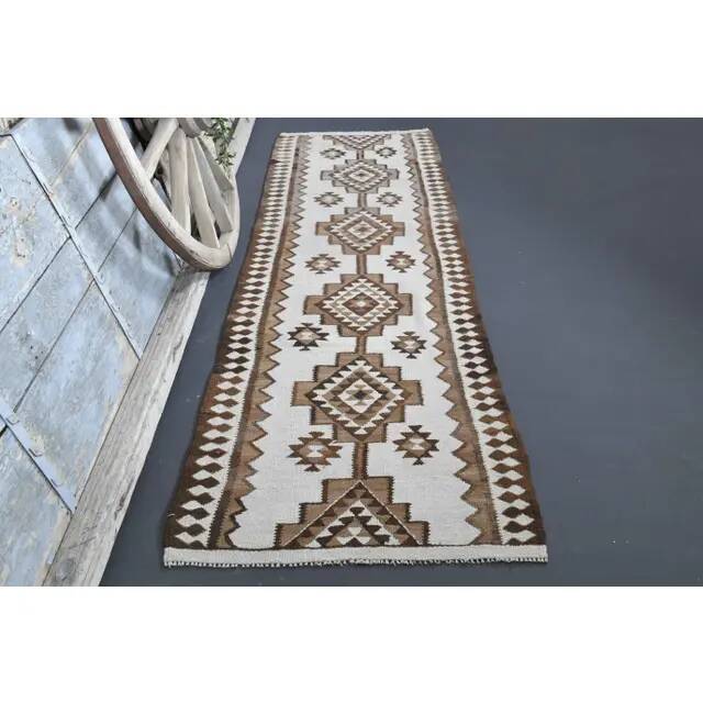 Tapis couloir vintage en laine et coton turc noué à la main blanc 90x307