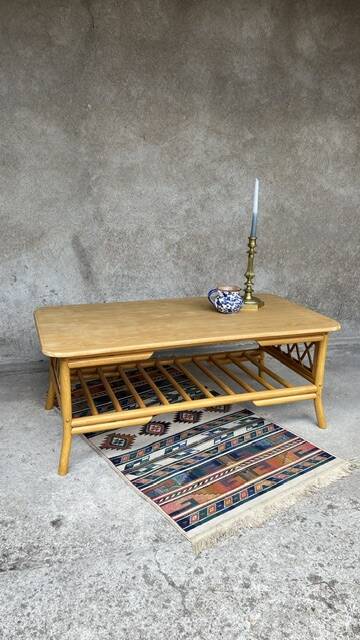 Vintage bamboo, wood and rattan coffee table