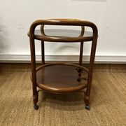 Vintage curved wooden rolling dessert trolley – smoked glass top