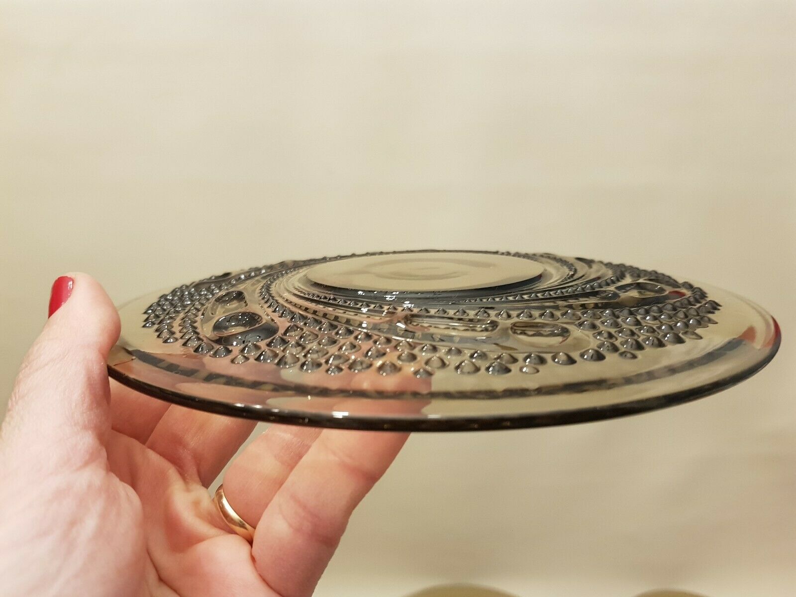 Dessert service 12 plates and vintage space age smoked glass dish