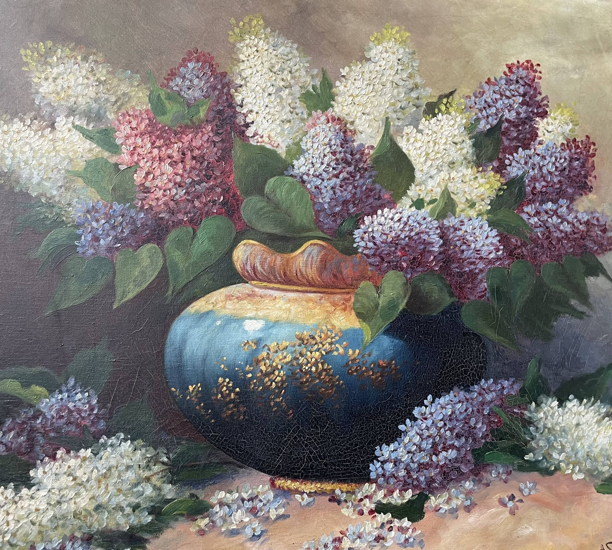 Large oil on canvas bouquet of lilacs signed by a. struciński poland, mid-20th century