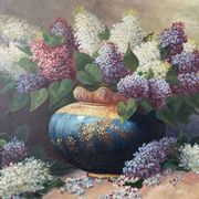 Large oil on canvas bouquet of lilacs signed by a. struciński poland, mid-20th century