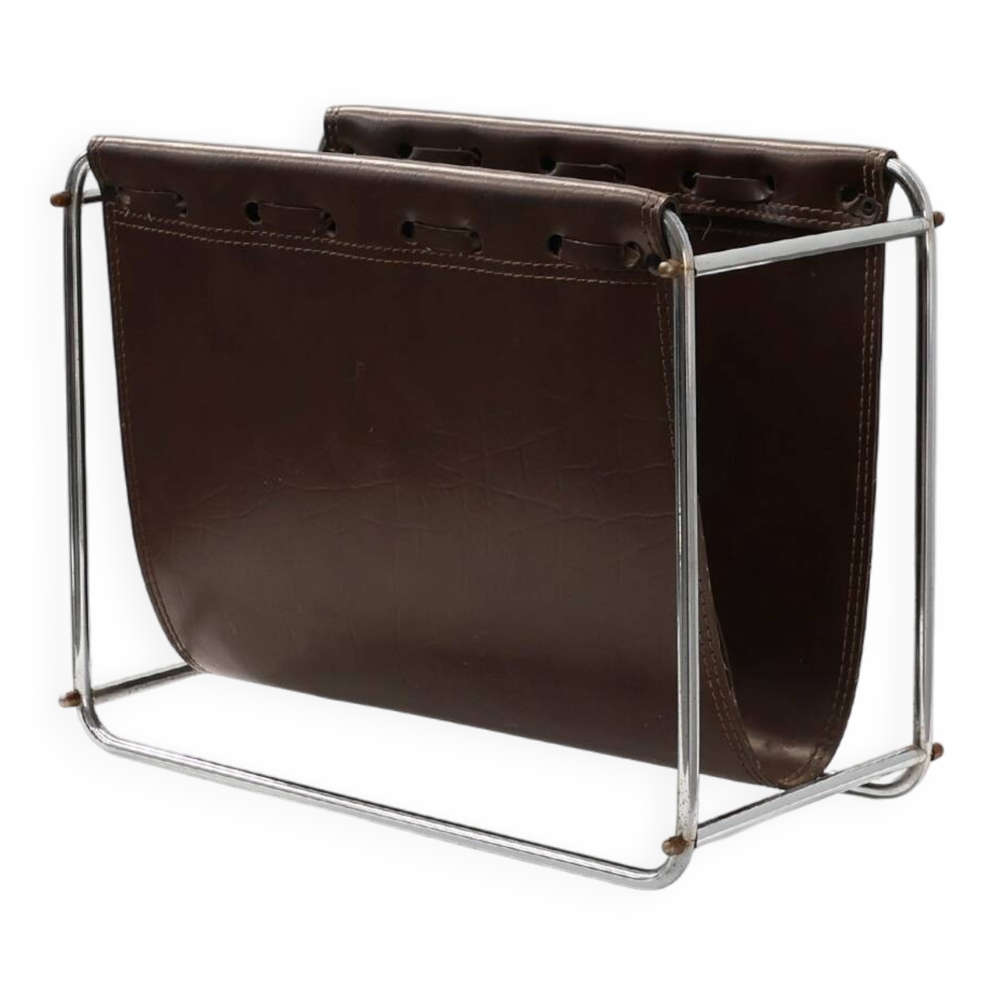 Vintage Magazine rack in chrome and faux leather, France 1960s