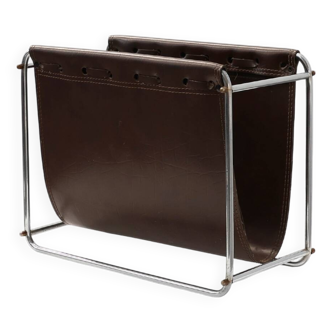 Vintage Magazine rack in chrome and faux leather, France 1960s