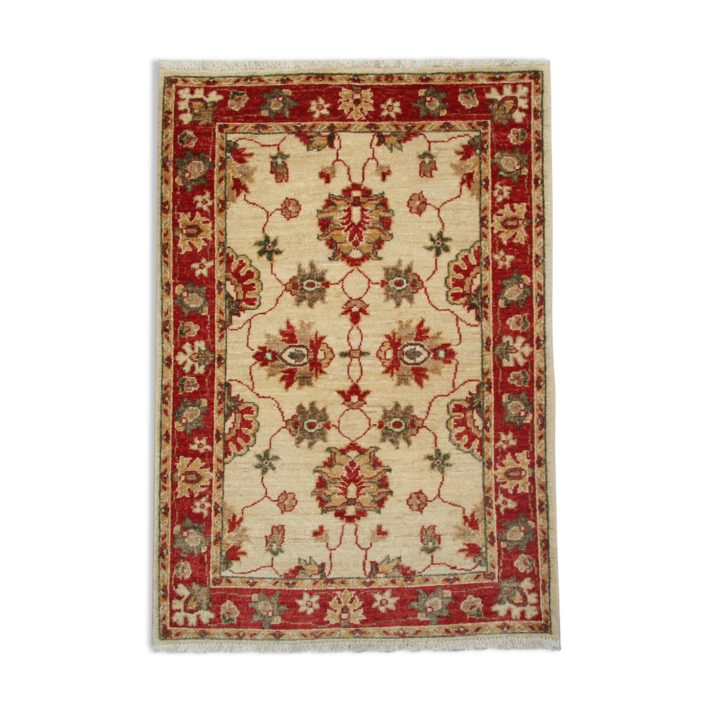 Red beige wool rug handmade oriental carpet traditional living room rug- 86x123cm