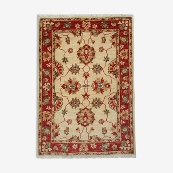 Red beige wool rug handmade oriental carpet traditional living room rug- 86x123cm