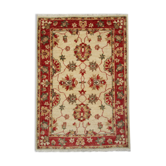 Red beige wool rug handmade oriental carpet traditional living room rug- 86x123cm