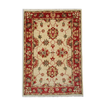 Red beige wool rug handmade oriental carpet traditional living room rug- 86x123cm