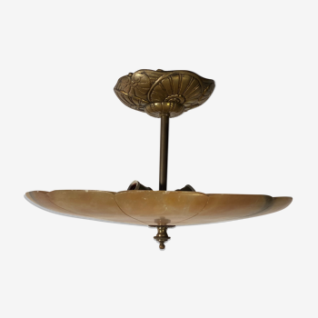 Art Deco hanging lamp in carved alabaster and bronze decorated with floral motifs