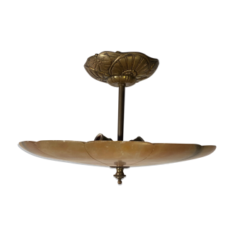 Art Deco hanging lamp in carved alabaster and bronze decorated with floral motifs