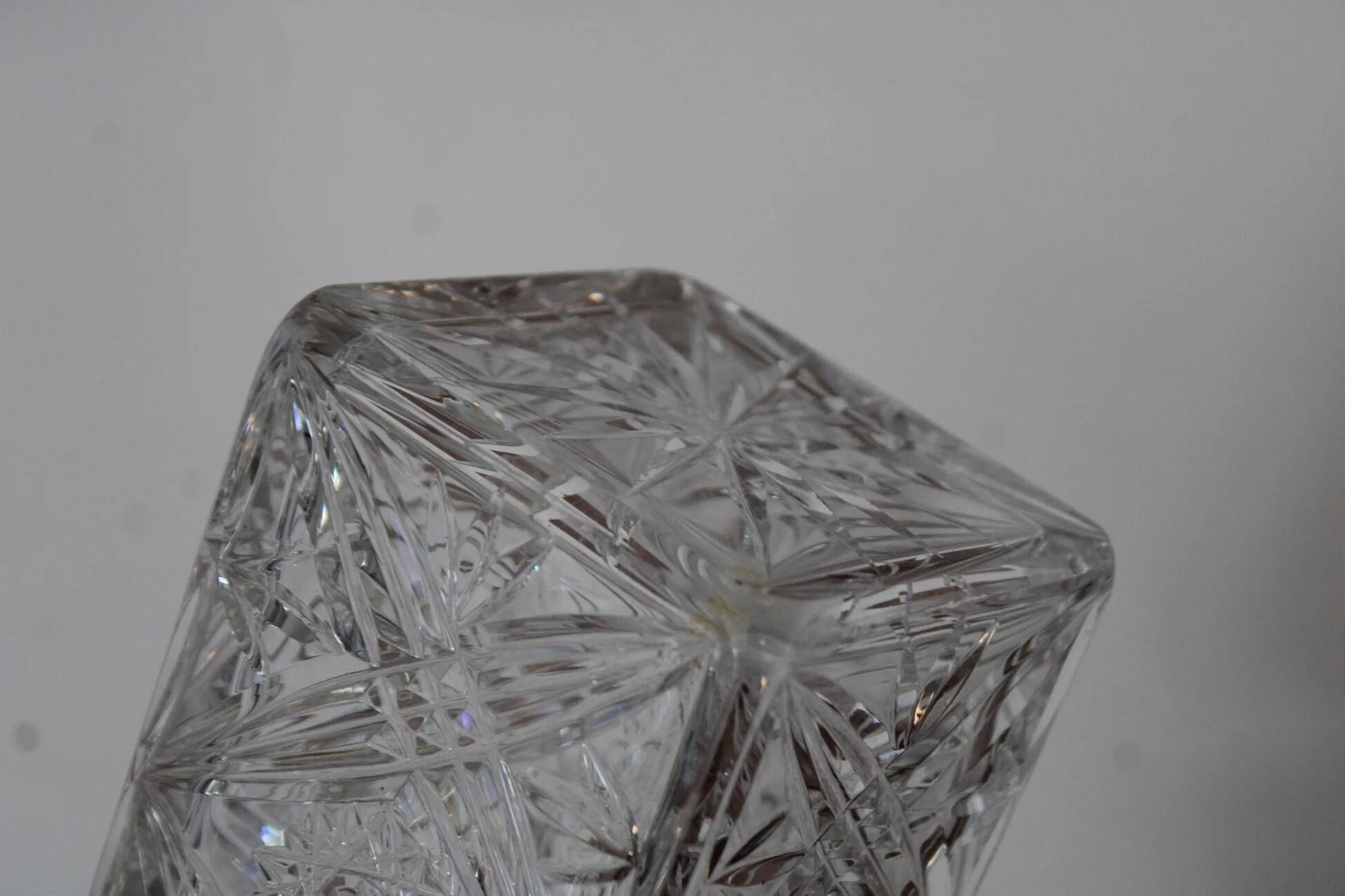 Antique cut glass carafe, probably crystal – Geometric patterns and matching stopper.
