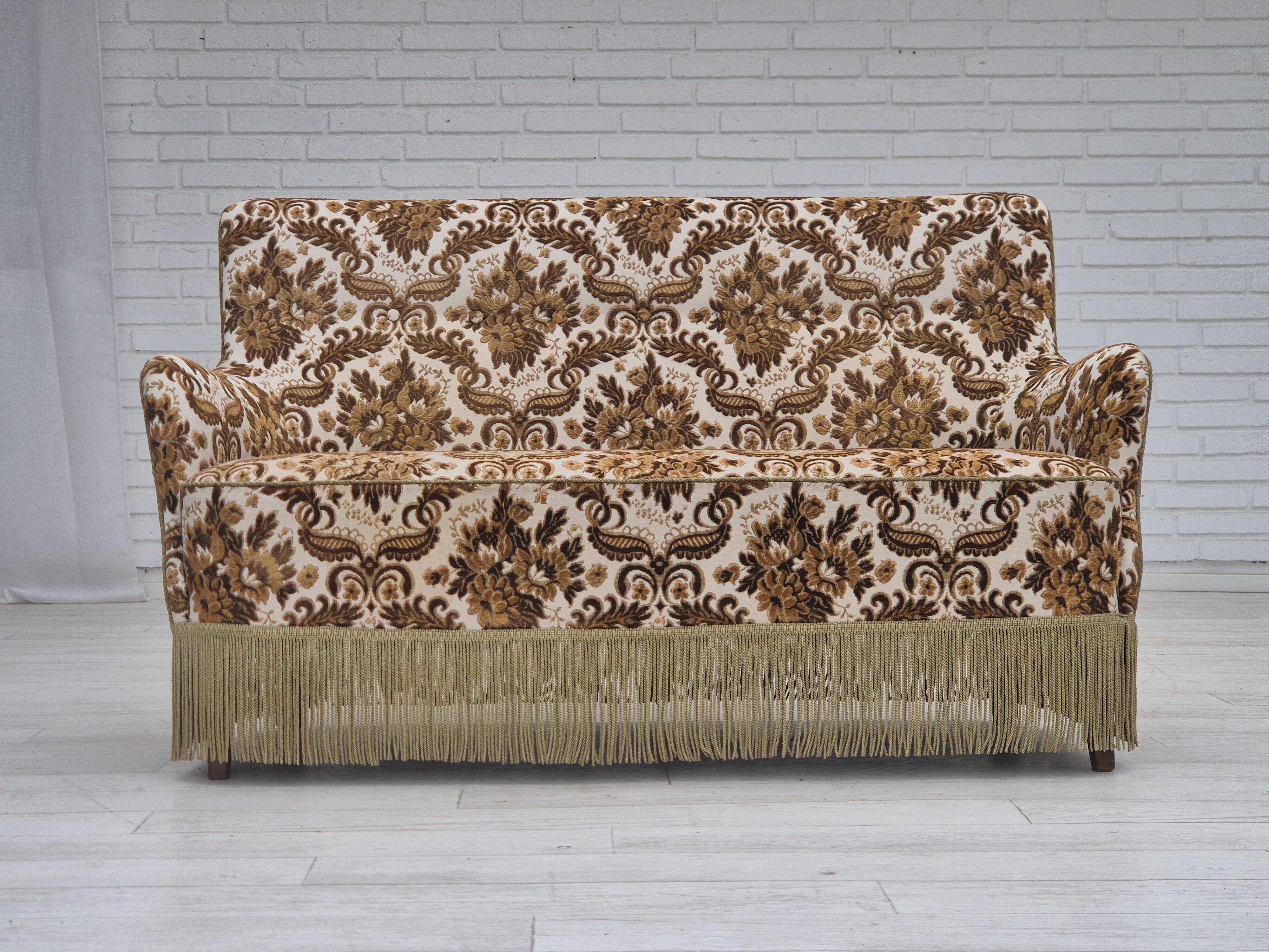 1960s, Danish 2-seater sofa, brown/beige furniture fabric, ash wood legs.