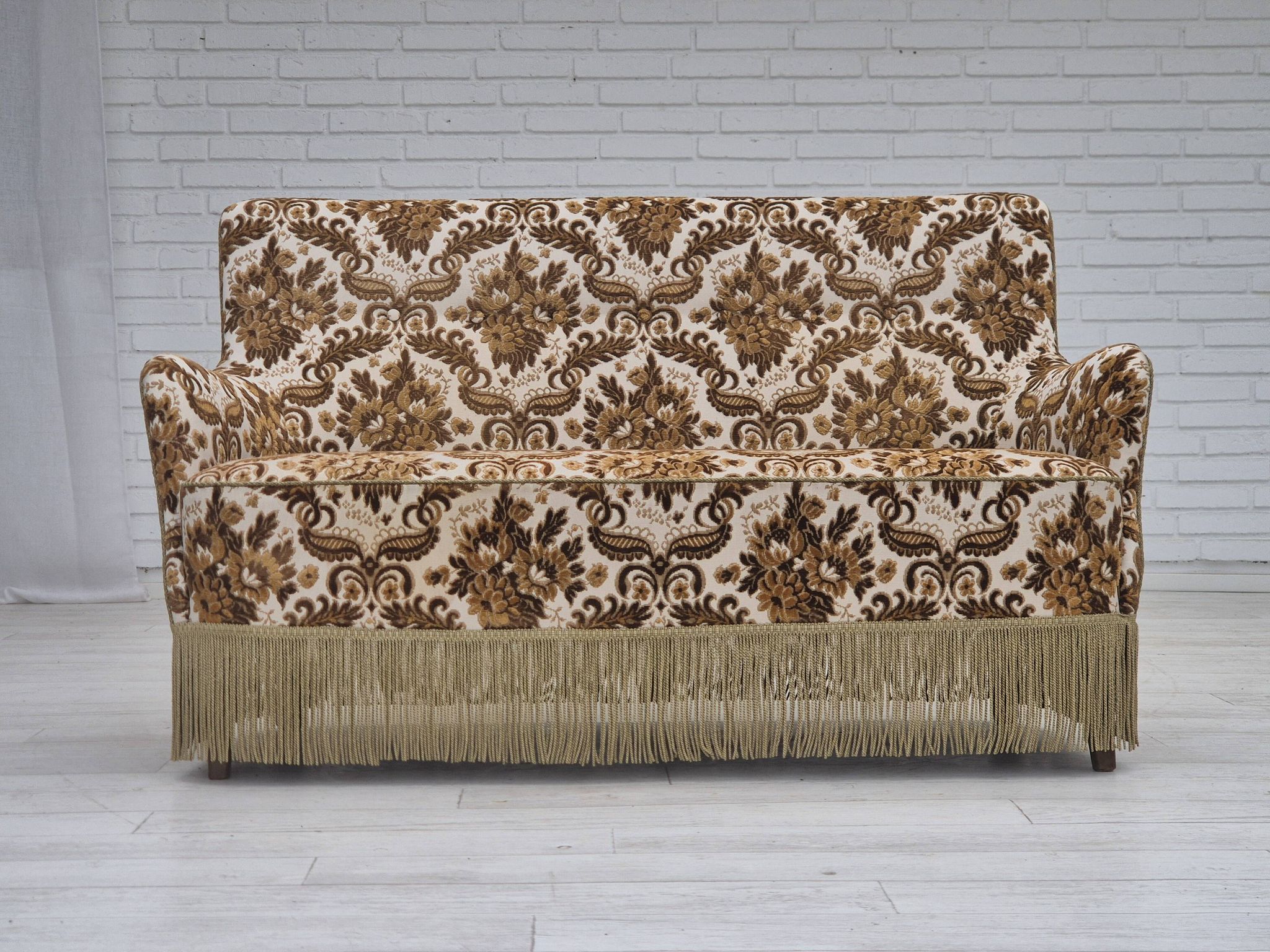 1960s, Danish 2-seater sofa, brown/beige furniture fabric, ash wood legs.