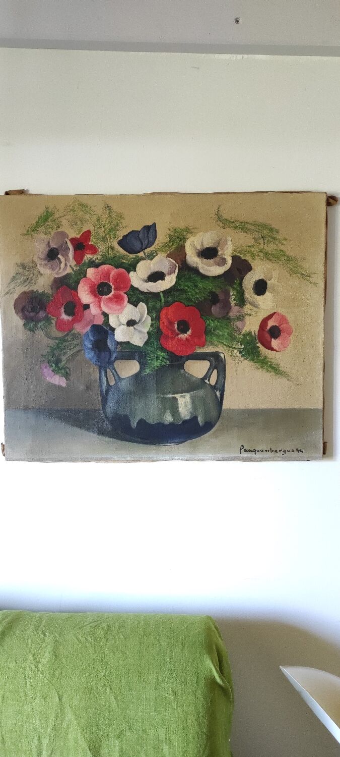 Painting bouquet of anemone flowers from the 40s signed