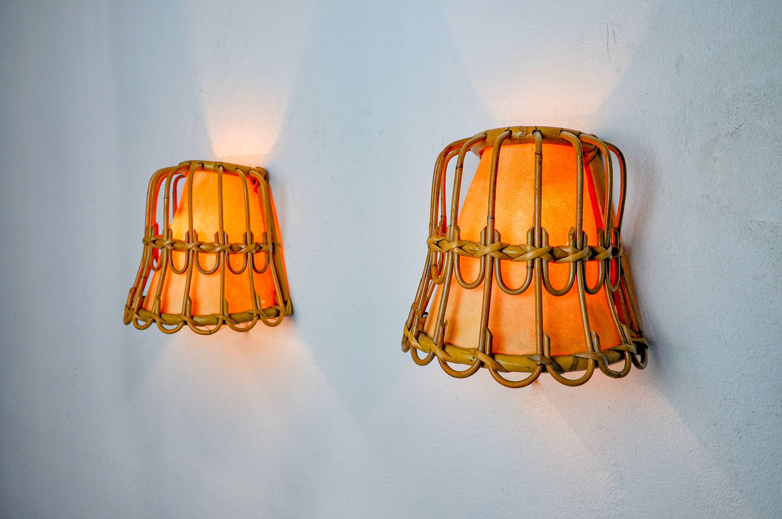 Pair of rattan wall lights, France, 1960